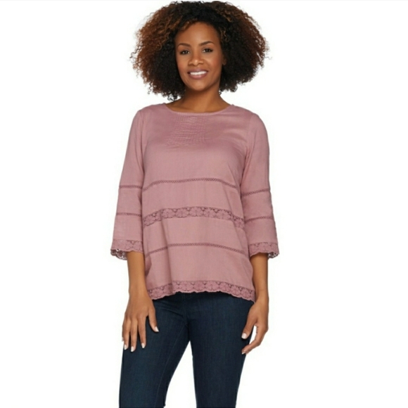 LOGO Lori Goldstein Mauve Pintuck Crochet Top